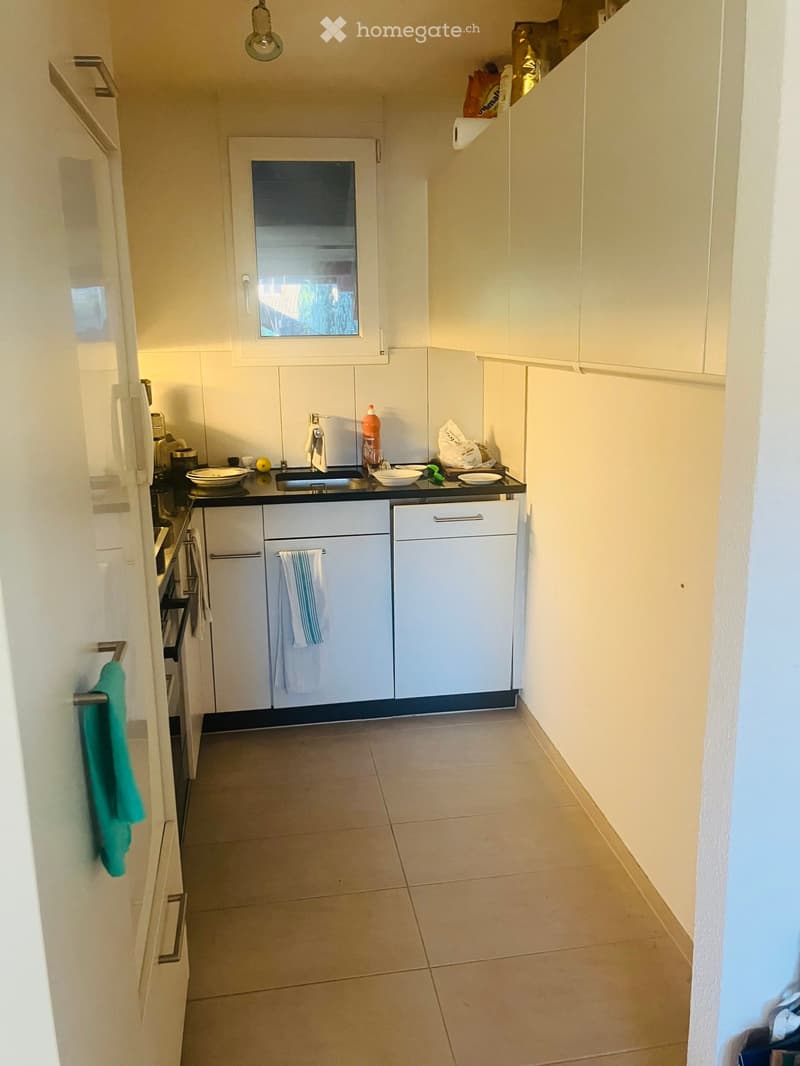 Modern kitchen with white cabinets, black countertop, sink, and various small appliances. A towel hangs on the cabinet door, and a few dishes and a bottle are on the counter.