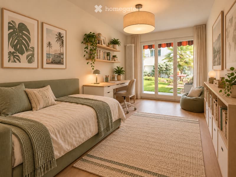 Cozy bedroom with a large bed, desk, chair, potted plants, and a view of a garden through large windows.