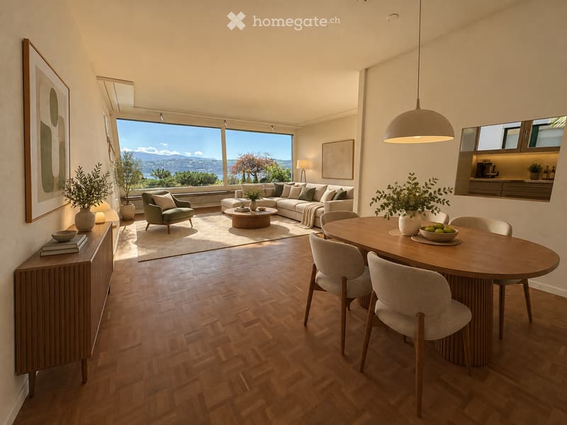 Modern living and dining area with large windows offering a scenic view, featuring a sofa, coffee table, armchair, dining table with chairs, pendant light, sideboard, and decorative items.