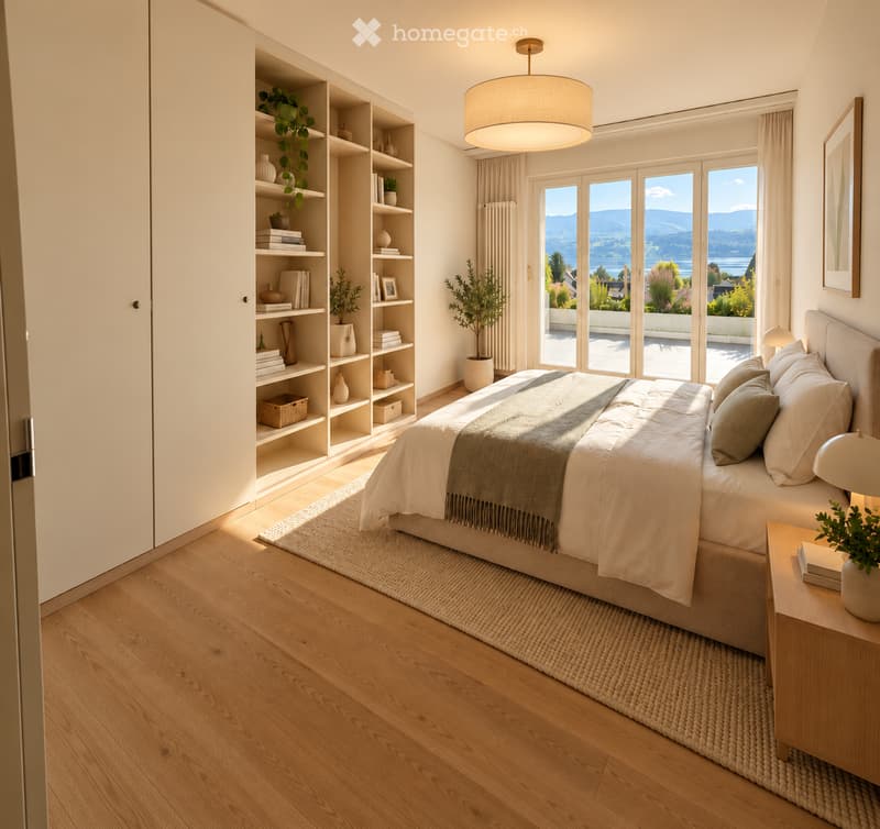 Modern bedroom with a large bed, nightstand, bookshelf, and large windows offering a scenic view.