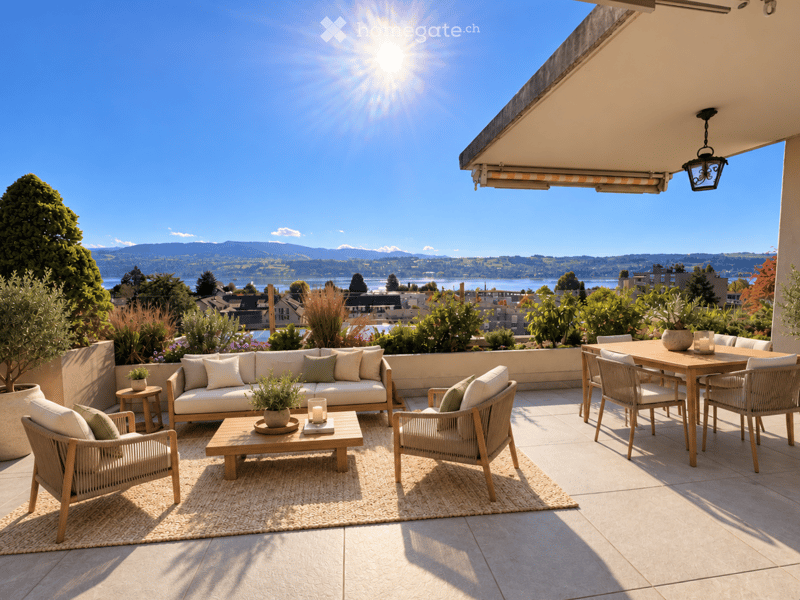 A spacious balcony with a scenic view, featuring a sofa, coffee table, dining area, and decorative candles.