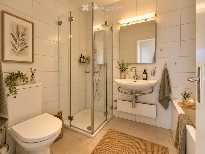 Modern bathroom with white tiles, a glass-enclosed shower, a floating sink with a mirror, a toilet, and decorative plants. Features include a towel rack, a framed picture, and a small candle on the edge of the bathtub.
