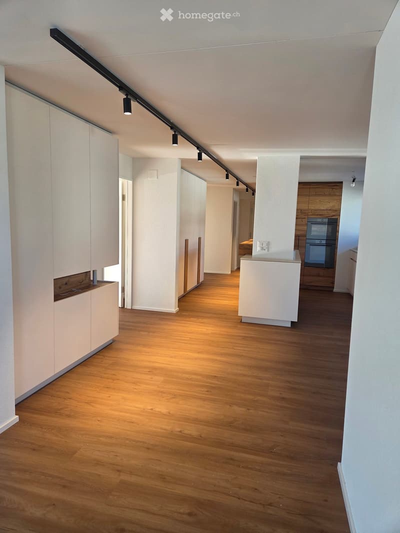 Empty hallway with wooden flooring, white walls, and modern built-in cabinets. Track lighting is mounted on the ceiling, and there is a small white counter in the center.