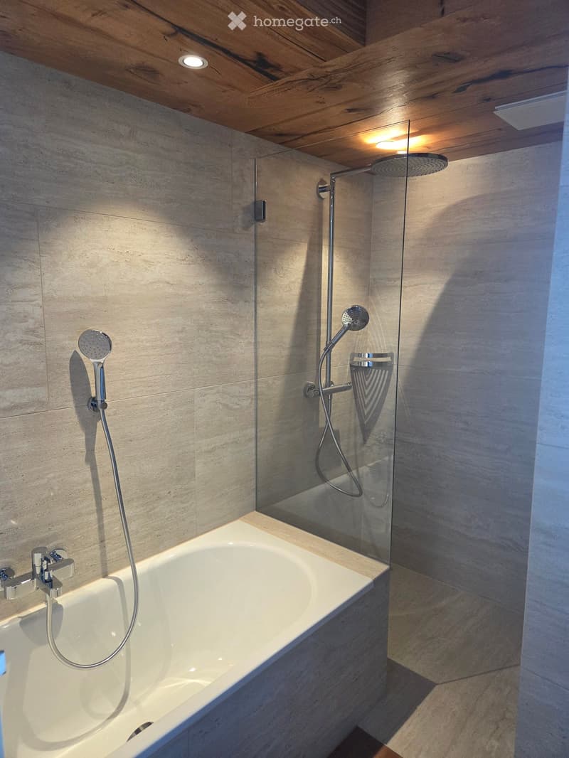 Modern bathroom with a bathtub, glass-enclosed shower, and multiple showerheads.