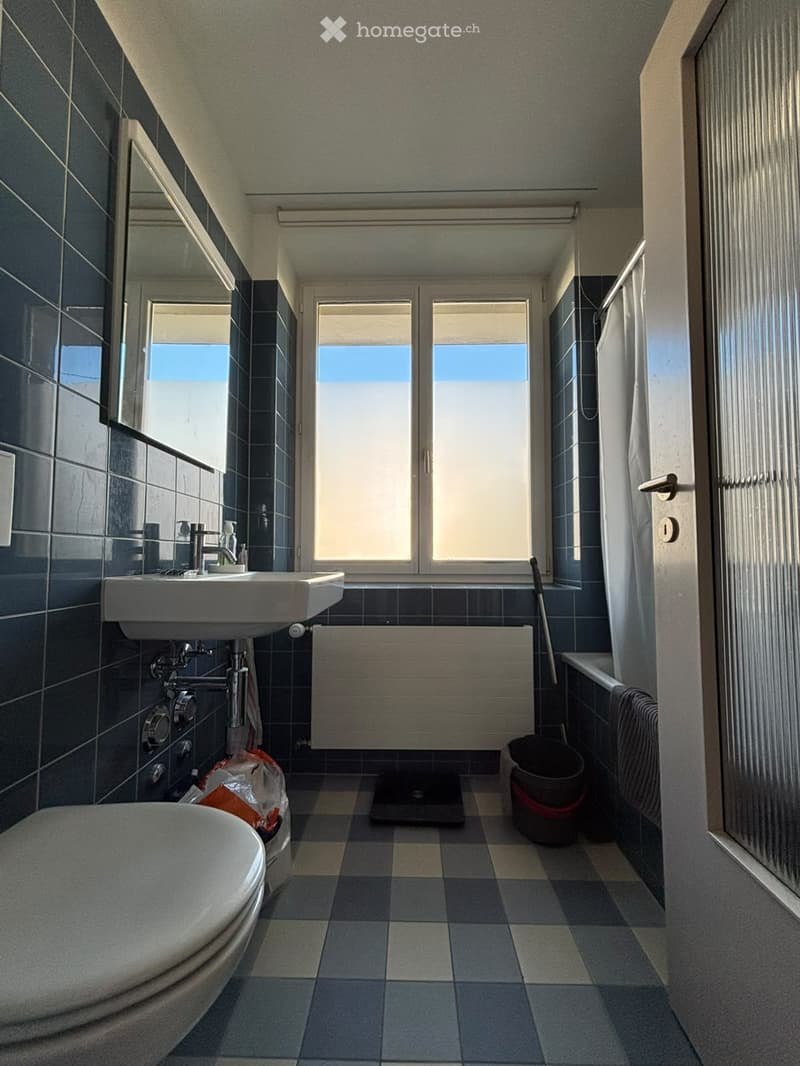 Modern bathroom with dark blue tiles, a white toilet, a sink with a chrome faucet, a bathtub, a radiator, and a large window with blinds.