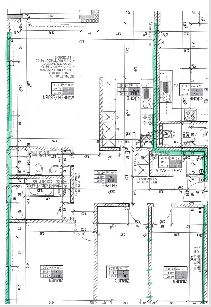 Floor plan of a residential building with labeled rooms including kitchen, living room, bedrooms, bathrooms, and hallway.