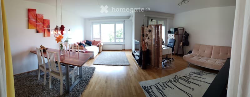 Bright, open-plan living and dining area with wooden flooring, large windows, a sofa, dining table with chairs, a television, and decorative vases.