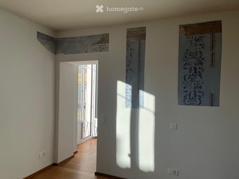 Empty hallway with light wooden flooring, white walls, and decorative wall panels. Sunlight streams in from an open doorway at the end.