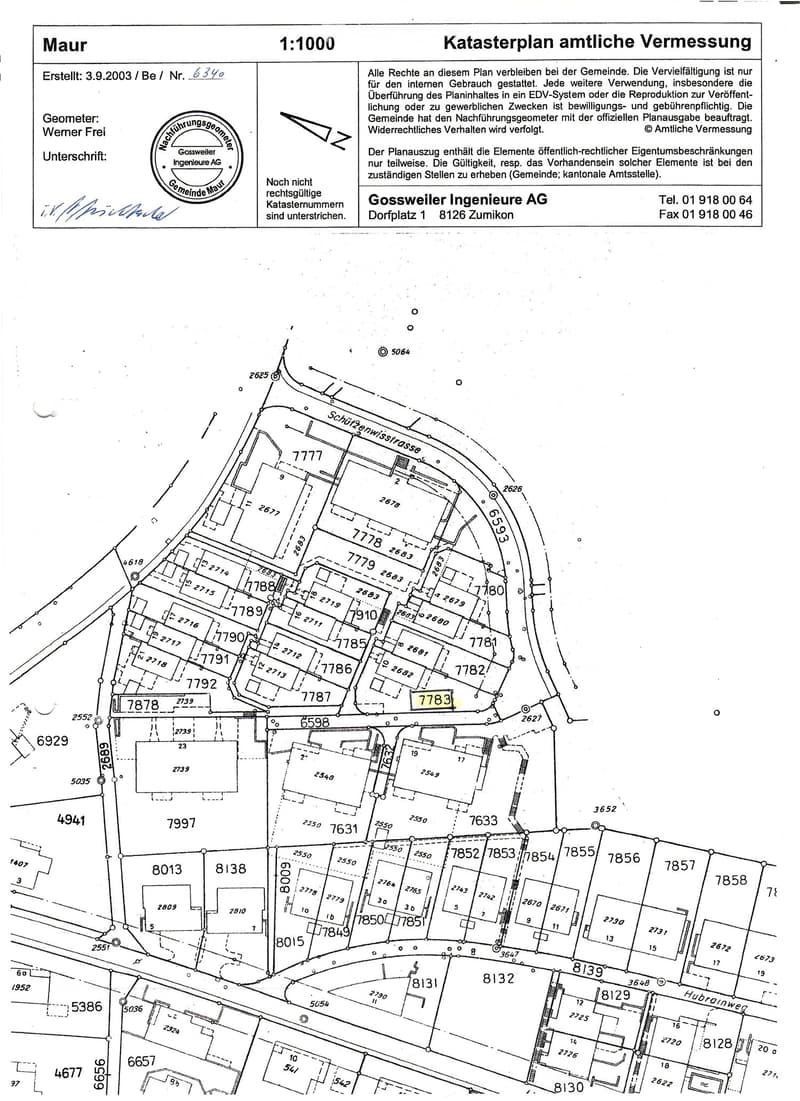 Official cadastral map showing property boundaries, plot numbers, and surrounding streets. Includes numerical designations and geometric shapes representing land divisions.