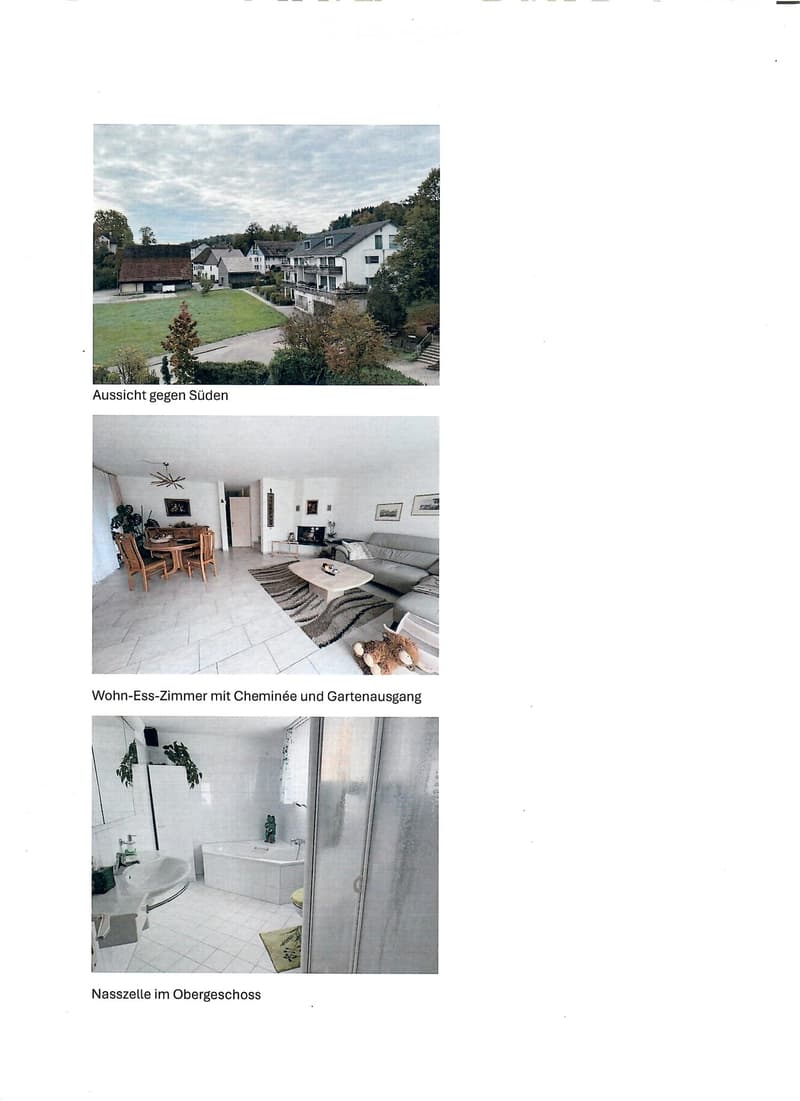 Exteriors of a multi-story house with a well-maintained lawn, trees, and neighboring houses visible. Interiors include a living-dining room with a fireplace, dining table, sofa, and a bathroom with a bathtub, sink, and shower stall.