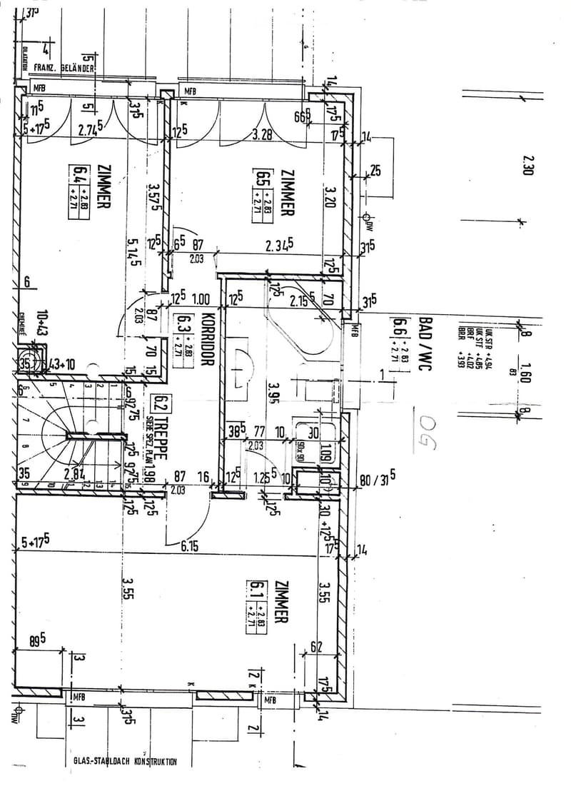 Floor plan showing multiple rooms including two bedrooms, a bathroom/WC, a hallway, and a kitchen area. Dimensions and labels are provided for each room and wall.