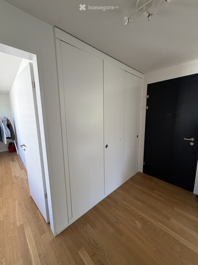 A clean, modern hallway with light wooden flooring, white walls, built-in white storage units, and a black door at the end.