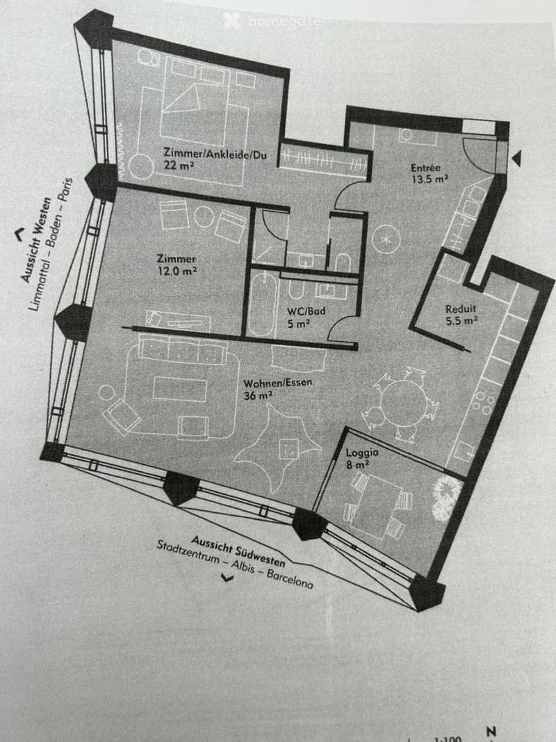 Floor plan showing a layout with multiple rooms including a living/dining area, bedroom, bathroom, entrance, and loggia.