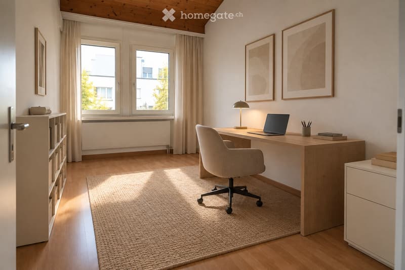 A modern, well-lit study or home office with a wooden desk, ergonomic chair, laptop, lamp, bookshelf, and framed artwork on the walls.