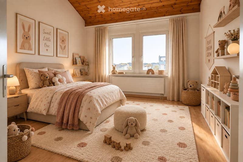 Cozy children's bedroom with a large bed, nightstand, shelves, and various toys including stuffed animals and wooden blocks.