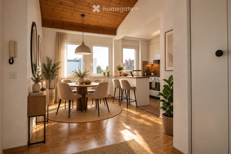 Open-plan living and dining area with wooden flooring, a round dining table surrounded by chairs, a kitchen island with bar stools, pendant lighting, and decorative plants.