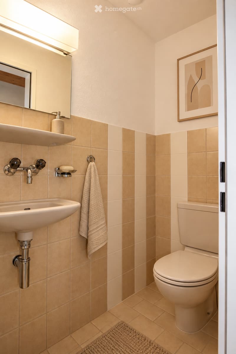 Modern bathroom with beige tiles, a white sink, a toilet, a towel, a mirror, and a picture frame on the wall.