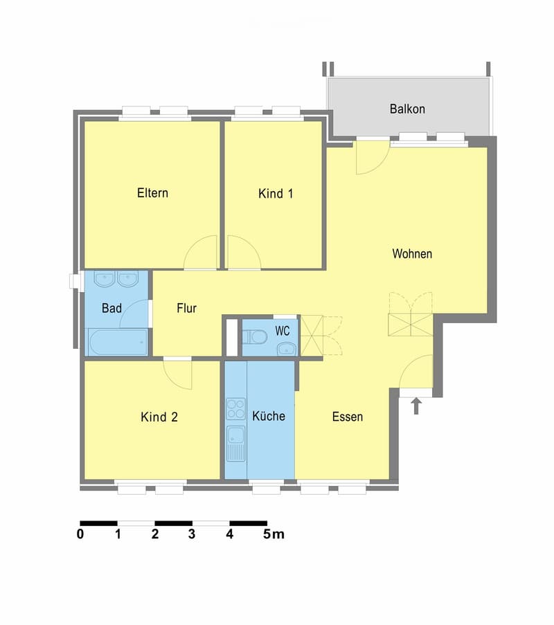 Floor plan of a 5-room apartment including living room, dining area, kitchen, two bedrooms, bathroom, and WC, with a balcony.