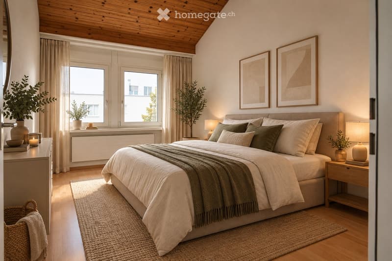 Cozy bedroom with a large bed, nightstands, lamps, and decorative plants. Features a wooden ceiling, large windows with curtains, and framed artwork on the wall.