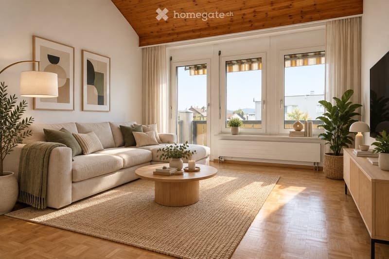 Modern living room with a sectional sofa, coffee table, floor lamp, side table, and decorative plants. Large windows with sheer curtains and a view of the city.