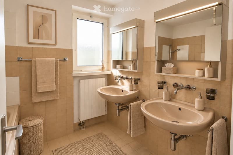 Modern bathroom with two sinks, large mirrors, beige tiles, and natural light from a window. Features include a towel rack, soap dispensers, a wicker basket, and a framed picture on the wall.