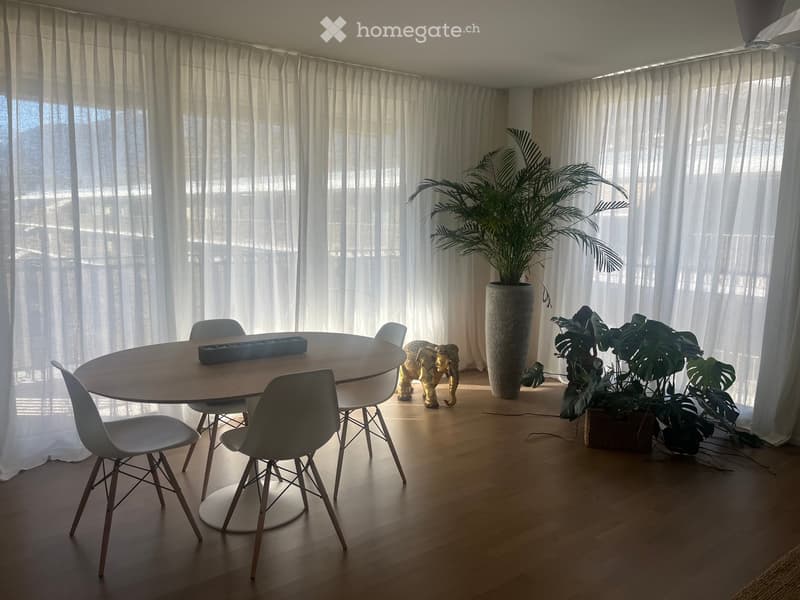 Dining area with a round wooden table, four modern chairs, a large potted plant, and a decorative elephant statue.