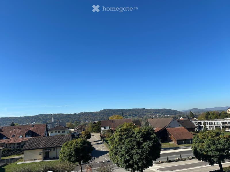 Residential area with multiple houses, trees, and a clear view of distant hills under a blue sky.