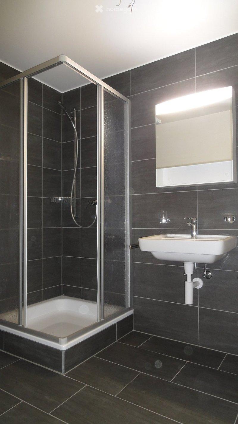 Modern bathroom with dark tiled walls and floor, featuring a glass-enclosed shower and a white sink with a mirror above it.