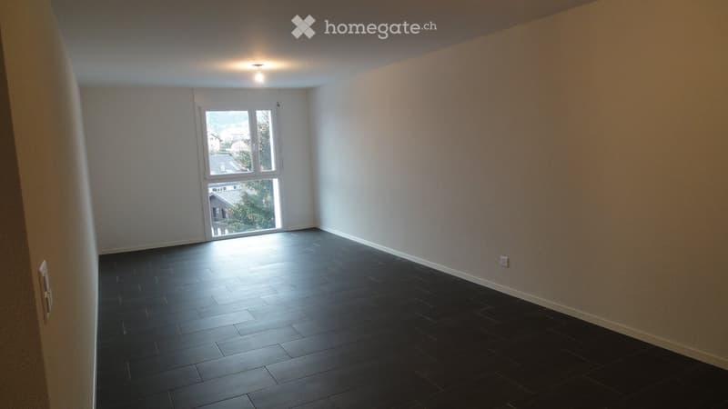 Empty room with dark tiled floor, white walls, and large window letting in natural light.