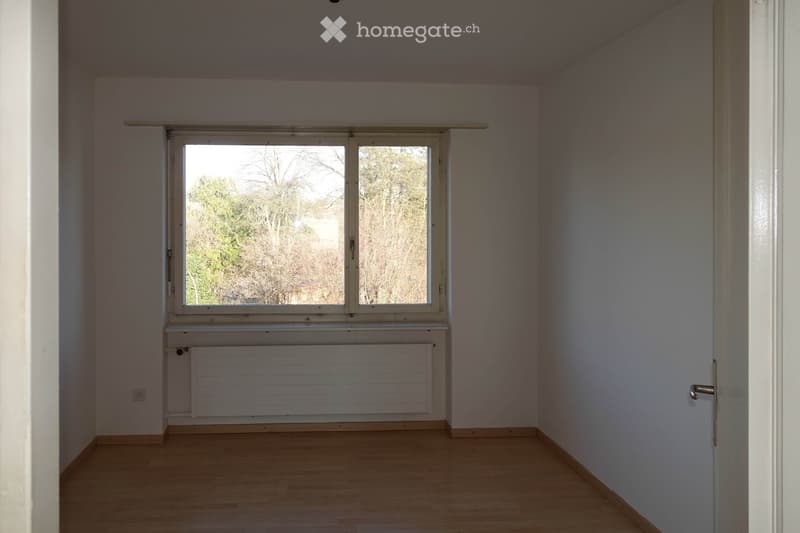 Empty room with light wooden flooring, white walls, a window with white frame, and a radiator below the window.