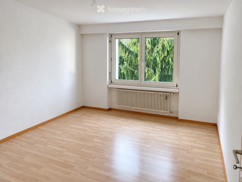 Empty room with light wooden flooring, white walls, and a large window with a view of greenery. A radiator is placed below the window.