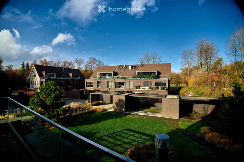 A modern two-story house with a brown tiled roof, large windows, and a spacious garden area with a well-maintained lawn and surrounding trees.