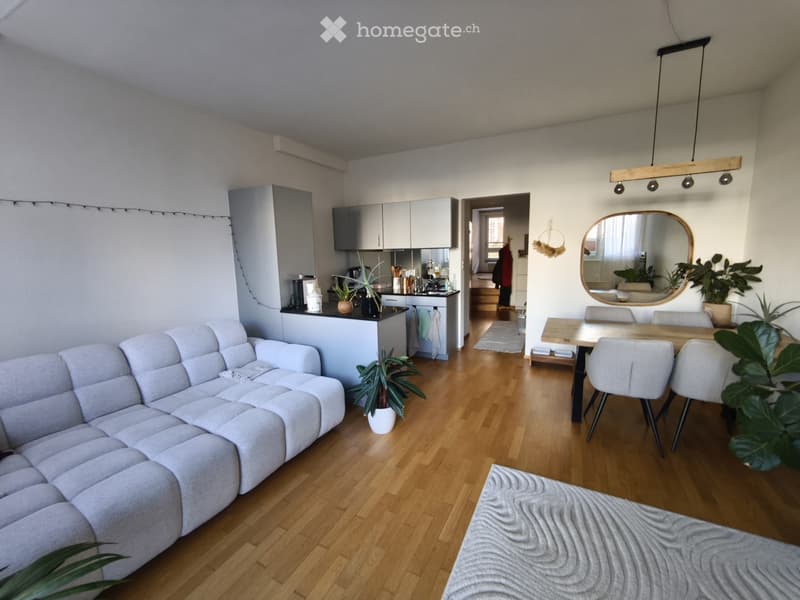 Modern living and dining area with light grey sofa, coffee table, dining table with chairs, kitchen area with cabinets and coffee machine, and several potted plants.