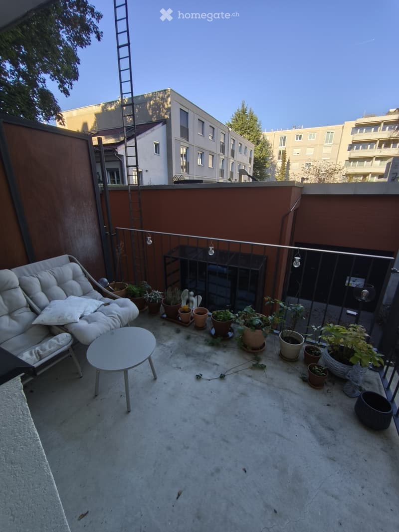 A rooftop terrace with a white sofa, small round table, and several potted plants arranged on the concrete floor.