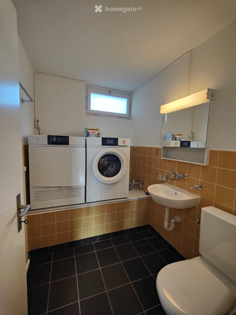 Bathroom with a toilet, sink, washing machine, and a mirror above the sink. The walls are tiled in brown and beige, and the floor is black tiled.