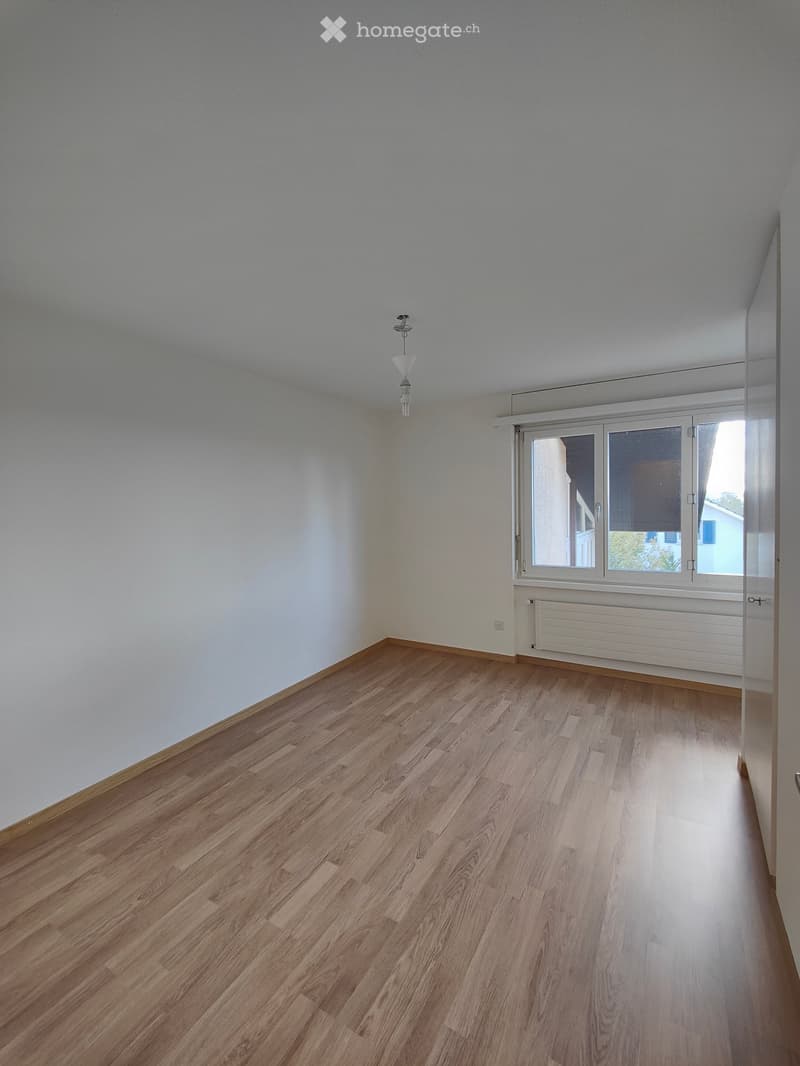 Empty room with wooden flooring, white walls, a window with white frame, and a radiator below the window. The ceiling has a light fixture.