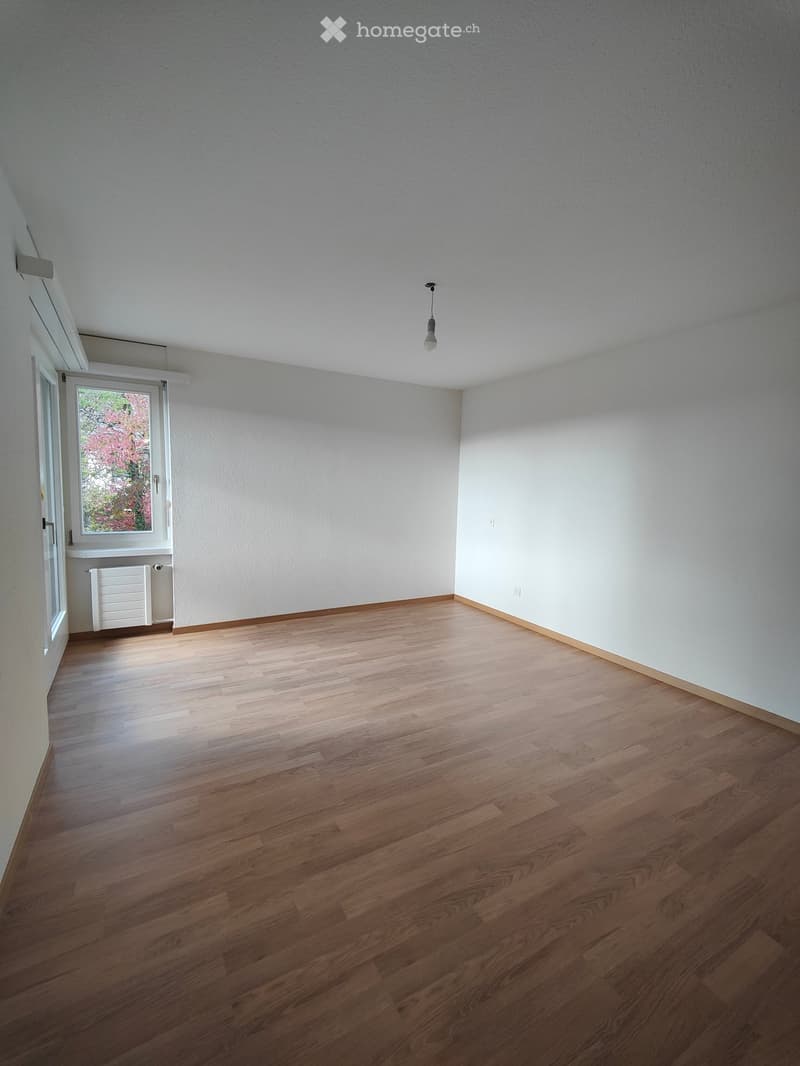 Empty room with wooden flooring, white walls, and a single window with a radiator below it. The room has a hanging light fixture and a door leading outside.
