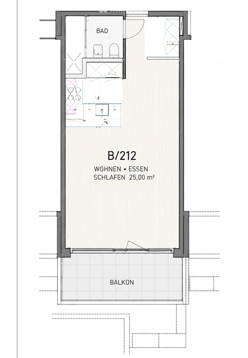 Floor plan of a 25 m² apartment with a living/dining/sleeping area, a bathroom, and a balcony.