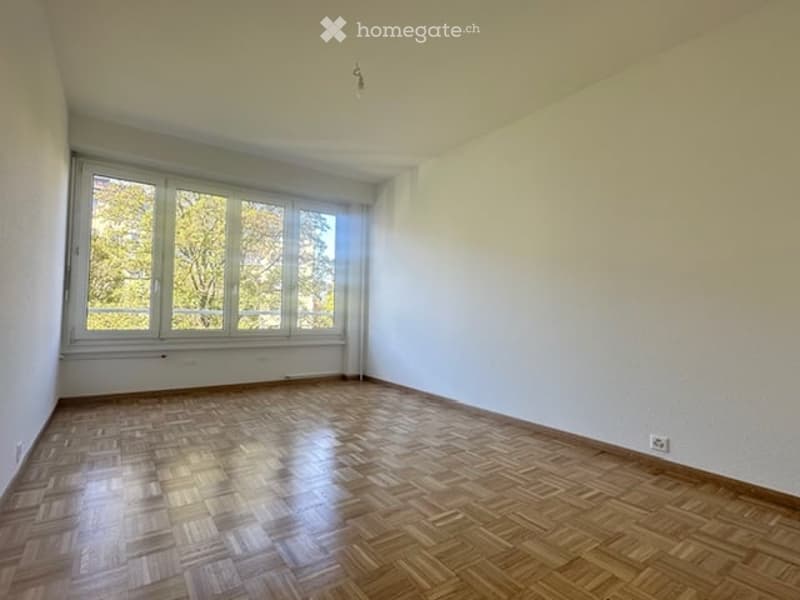 Empty room with wooden parquet flooring, large window with white frame, white walls, and a single light fixture on the ceiling.