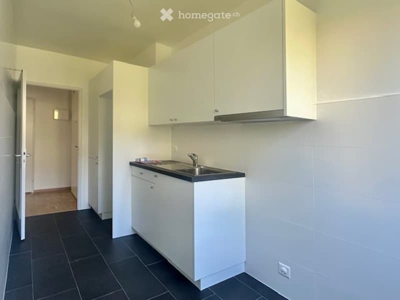 Modern kitchen with white cabinets, black countertop, and stainless steel sink.