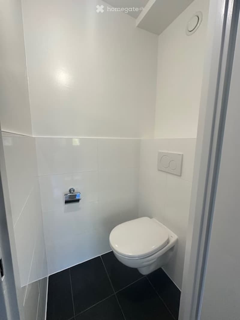 Modern, compact bathroom with white tiled walls, black tiled floor, toilet, and toilet paper holder.