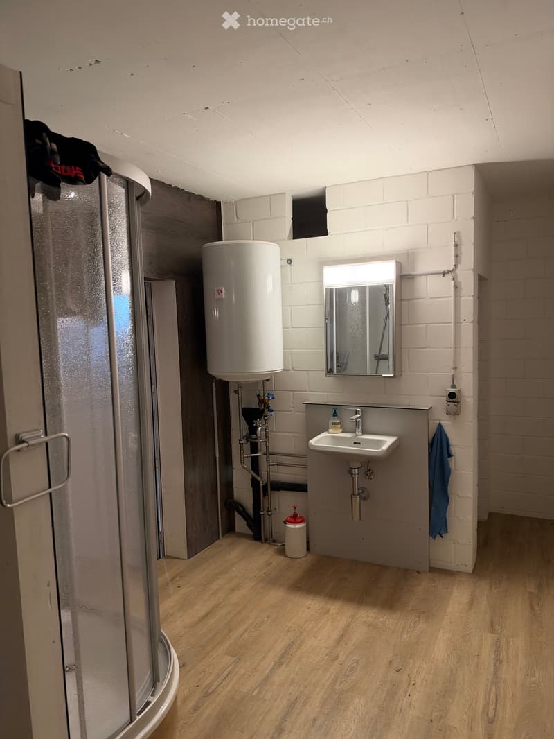 Bathroom with wooden flooring, white brick walls, a sink with a mirror above it, a water heater, and a shower area with a glass door.