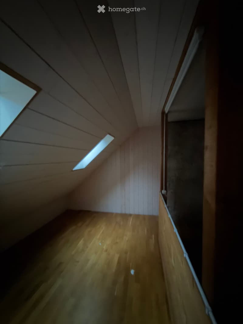 A narrow wooden hallway with slanted wooden ceiling and small skylight windows, leading to an open area.