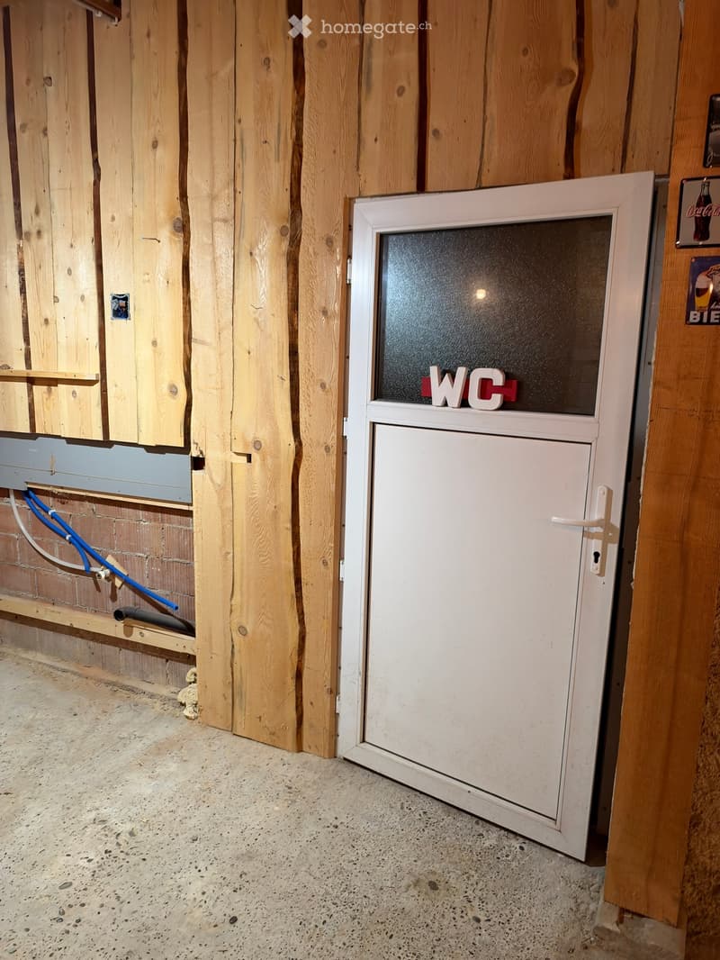 Empty room with wooden walls, concrete floor, and a white door labeled "WC" with a frosted glass panel.