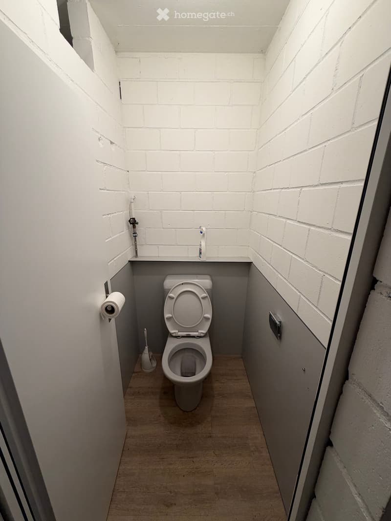 Small bathroom with white brick walls, a toilet, toilet paper holder, and a toilet brush. The floor is light-colored wood.