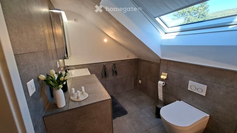Modern bathroom with a skylight, grey tiles, a toilet, sink, mirror, and decorative vase with white flowers.