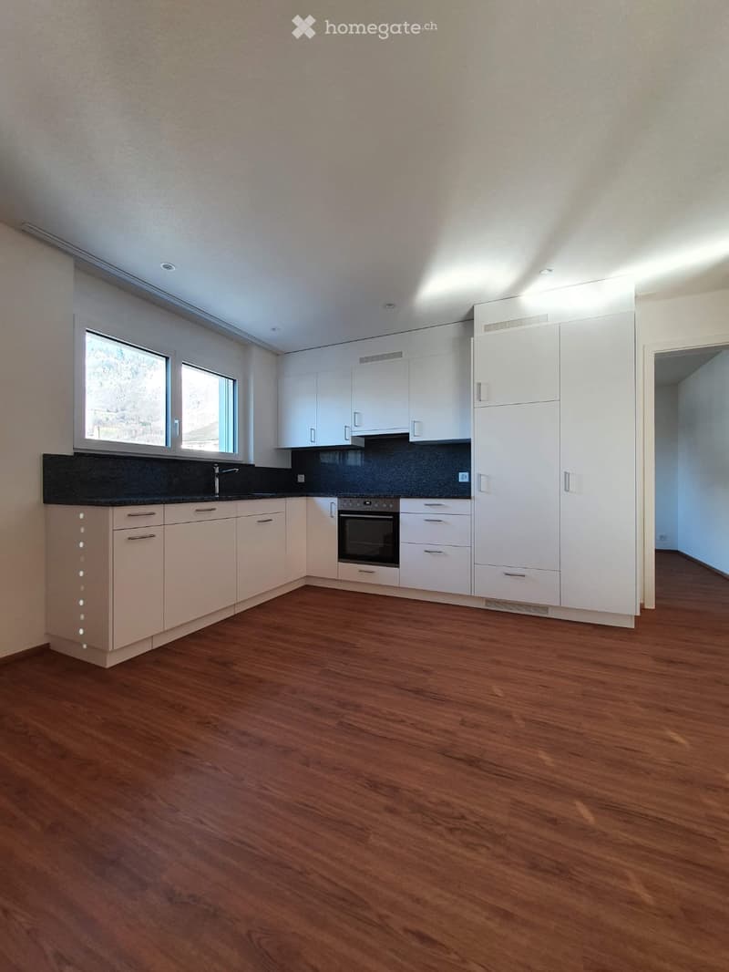 Empty kitchen with white cabinets, dark countertops, and wooden flooring. Features built-in oven and sink area.