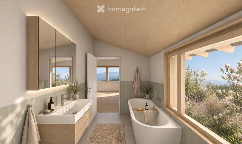 Modern bathroom with a large window offering a scenic view, featuring a double sink, bathtub, and wooden vanity.