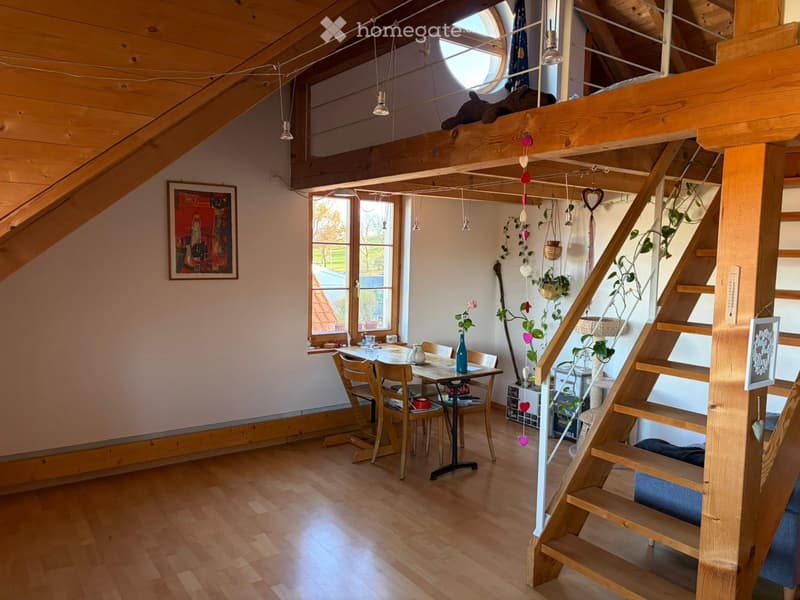 Dining and living room, wooden ceiling, balcony, dining table, wooden chairs, round window, hanging lights, paintings, plants