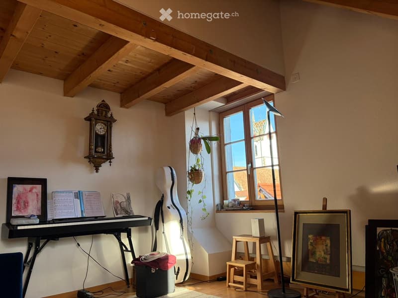 piano, clock, picture frame, stool, guitar case, paintings, carpet, storage box, plants, lamp